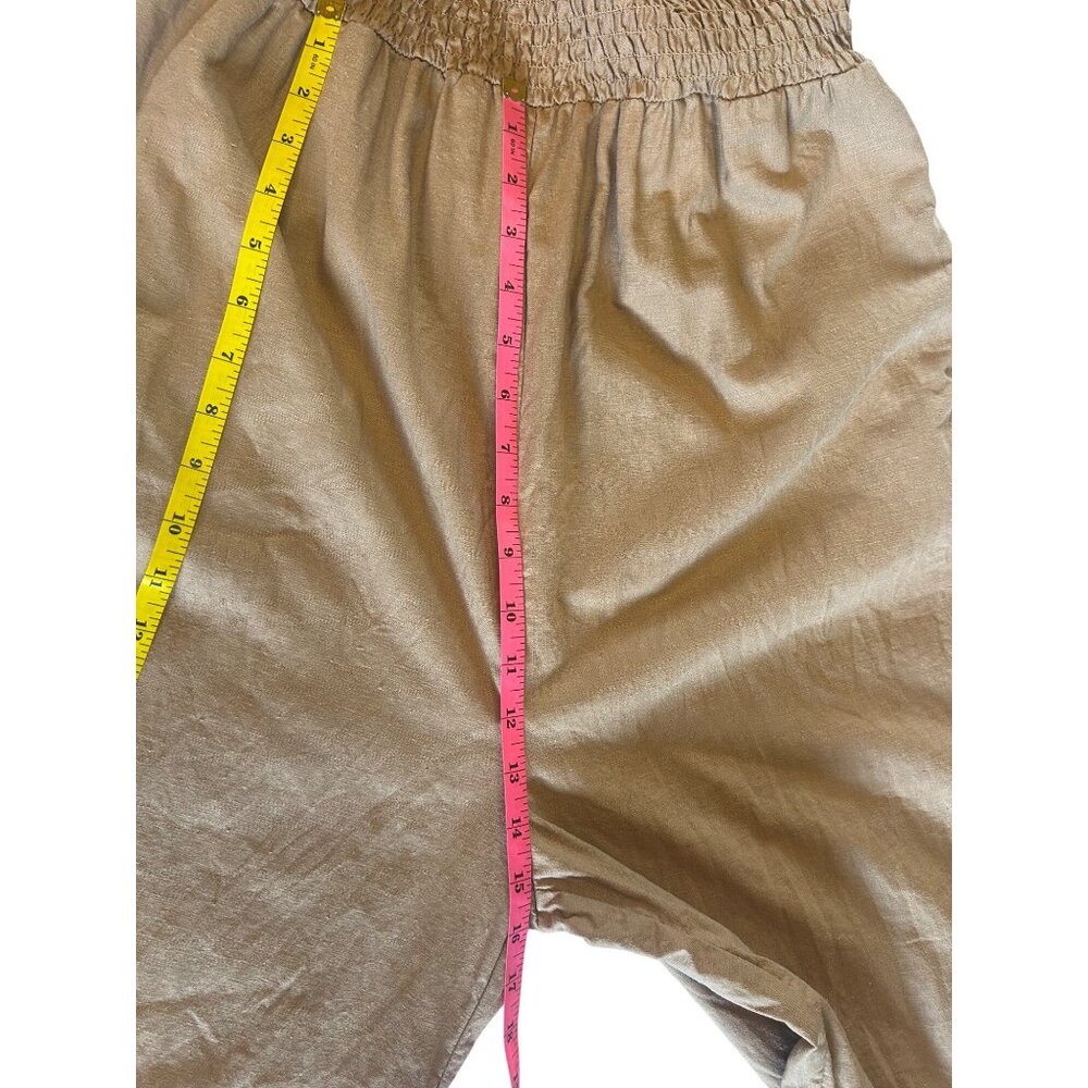 Sass Womens 12 Tan Smocked Jumpsuit Ruffle Straps Linen Blend Comfort Beachy - Picture 10 of 11